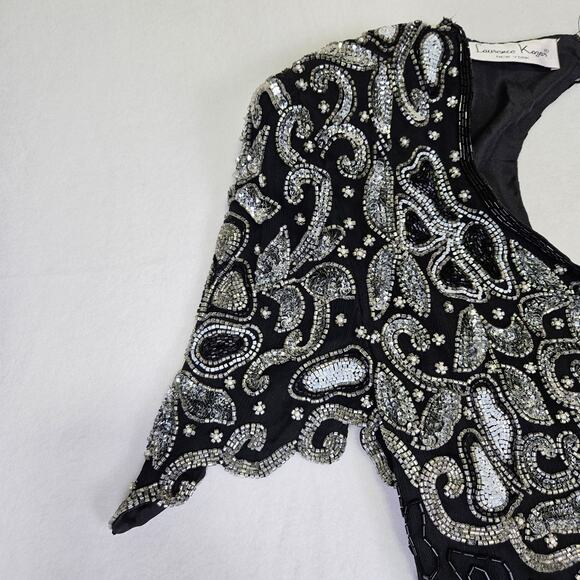 VTG Laurence Kazar Beaded Silk Formal Dress L Embellished Sequin MOB 80s Black - Picture 9 of 16